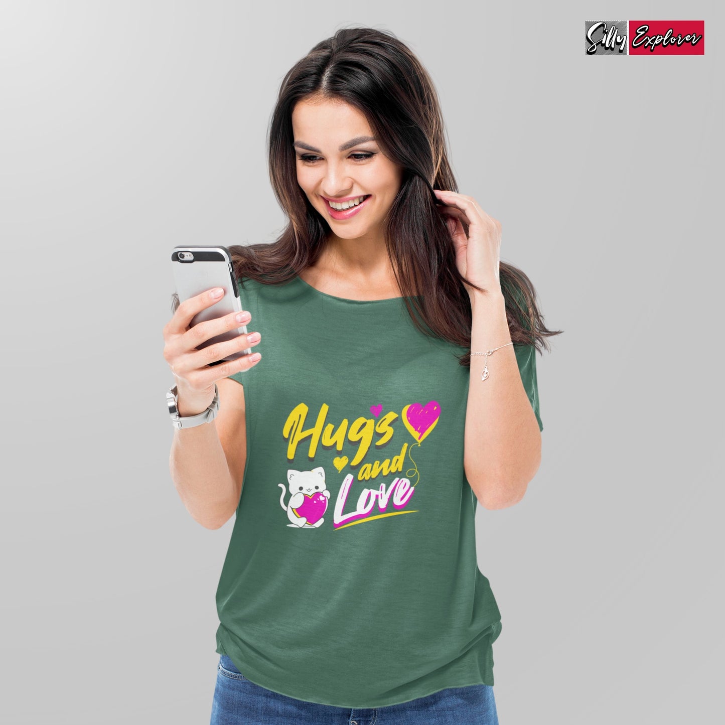SillyExplorer_Classic_Crewneck_T-Shirt__Bottle_Green_Hugs_&_Love