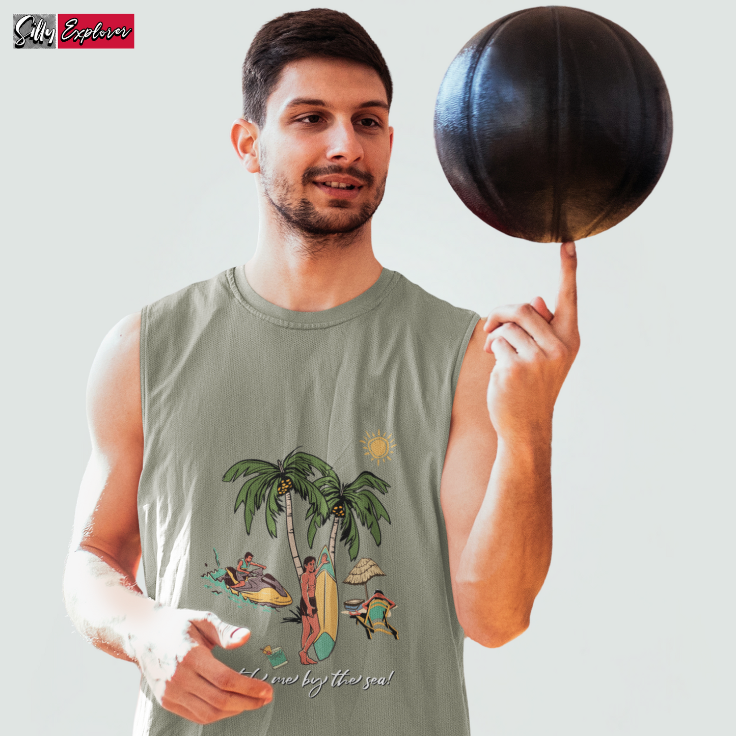 SillyExplorer_Men_Sleeveless_T-Shirt__Charcoal_Catch_Me_By_Sea