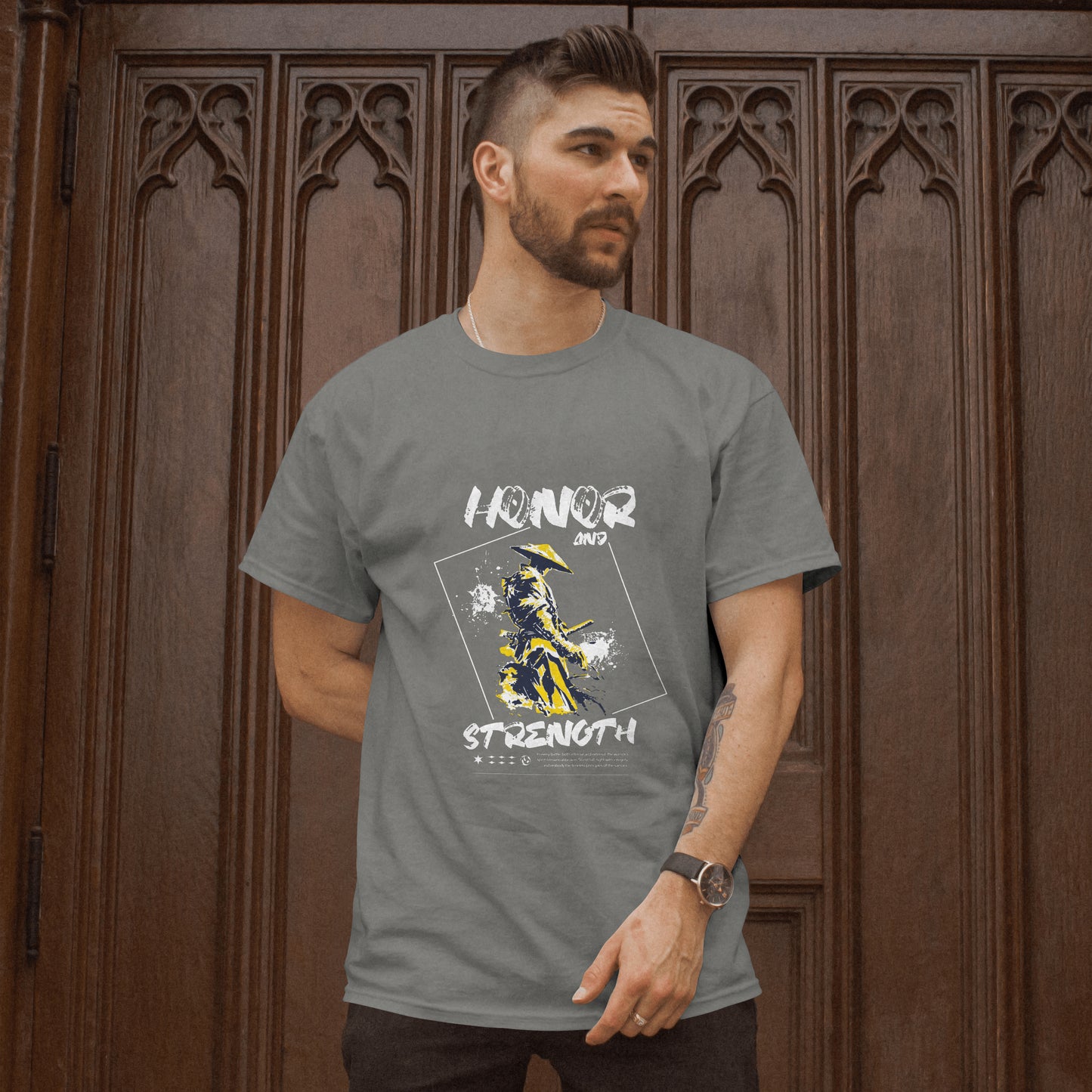 SillyExplorer_Classic_Crewneck_T-Shirt__Charcoal_Samurai_Honor