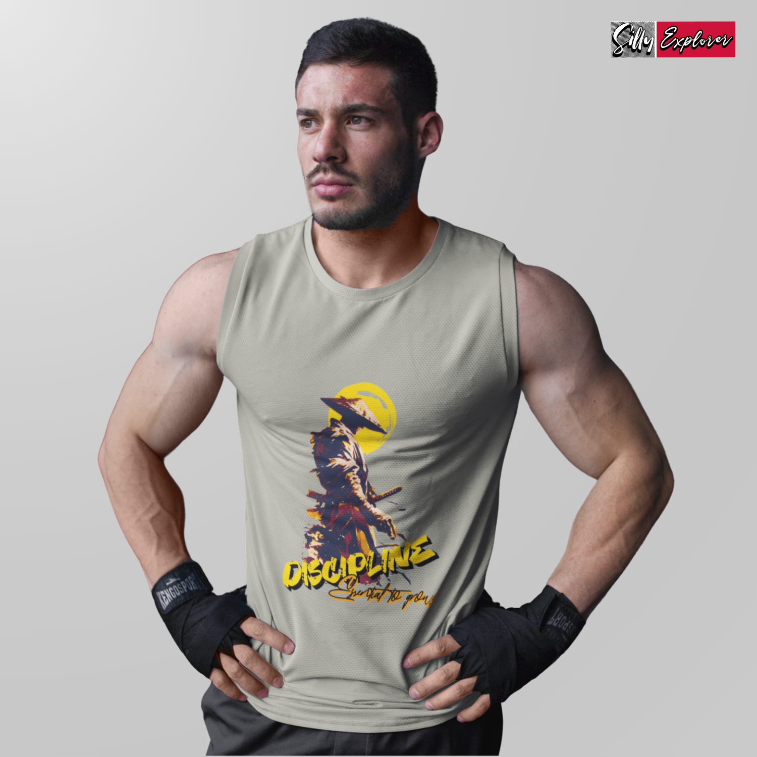 SillyExplorer_Men_Sleeveless_T-Shirt__Charcoal_Samurai_Discipline