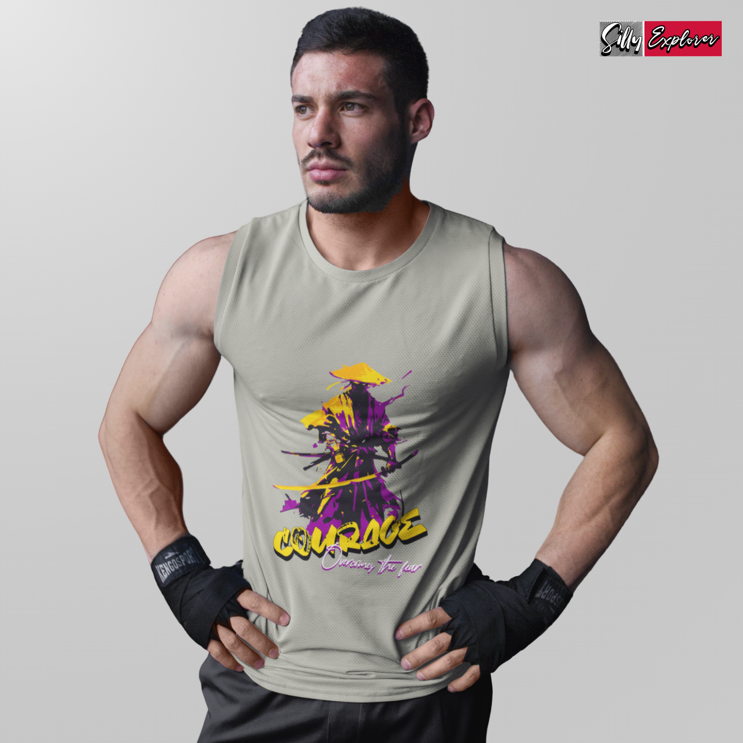 SillyExplorer_Men_Sleeveless_T-Shirt__Charcoal_Samurai_Courage