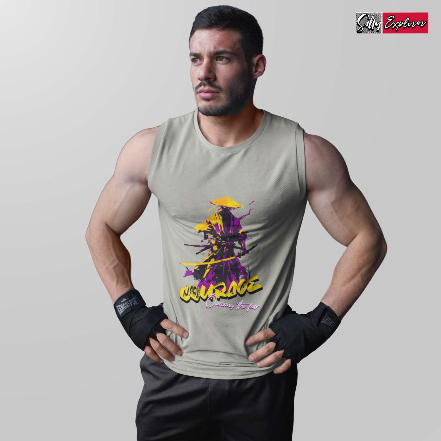 SillyExplorer_Men_Sleeveless_T-Shirt__Charcoal_Samurai_Courage